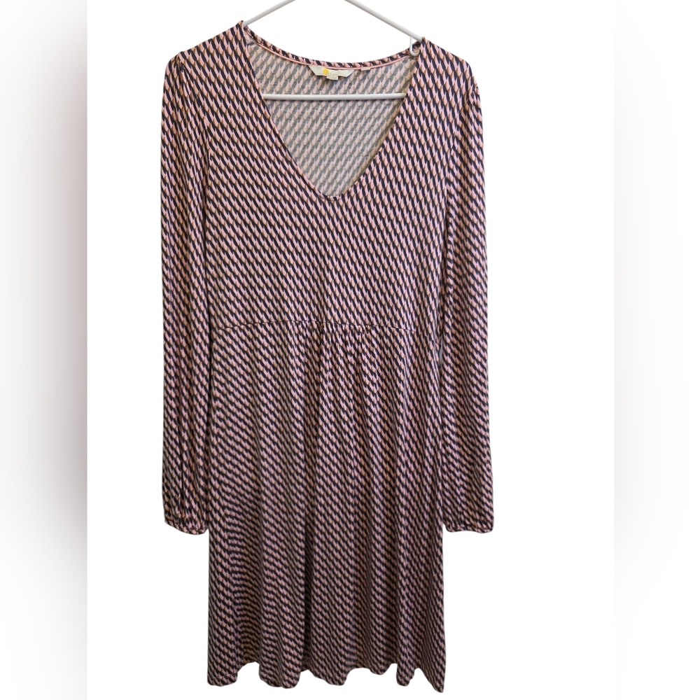 Boden Pink Blue & Olive Geometric Print Longsleeve Babydoll Midi Dress Sz 8 EUC